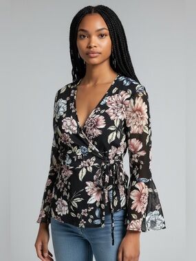 PerSeption Concept Floral Wrap Top with Pink & Blue Flowers